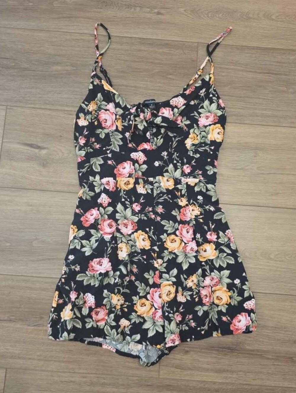 Ambiance Black Floral Tie-Front Romper with Pink and Yellow Roses
